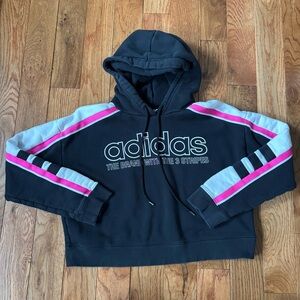 Adidas Cropped Hoodie XS Black Pink White Stripes Small Hole